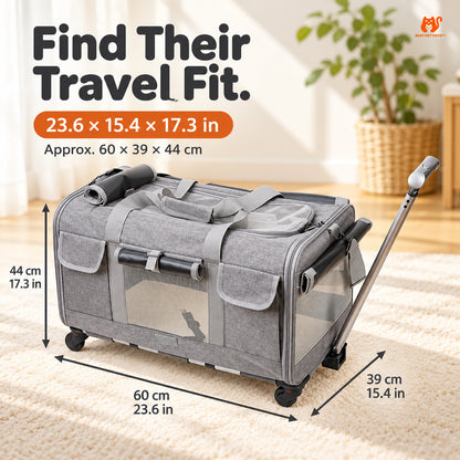 Gray XL pet trolley carrier size guide 23.6 by 15.4 by 17.3 inches