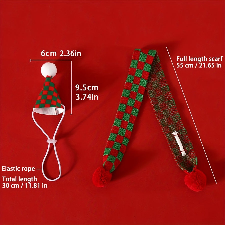 Pet Christmas Collar & Hat Set – Plaid Pattern with Pom-Pom