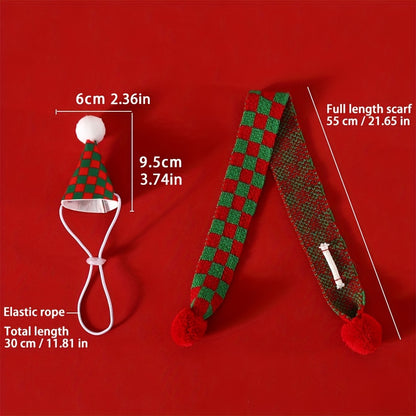 Pet Christmas Collar & Hat Set – Plaid Pattern with Pom-Pom
