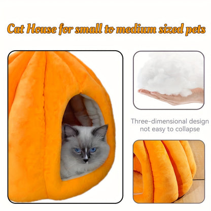 Lit pour chat en forme de citrouille – Nid d’intérieur douillet avec coussin amovible 