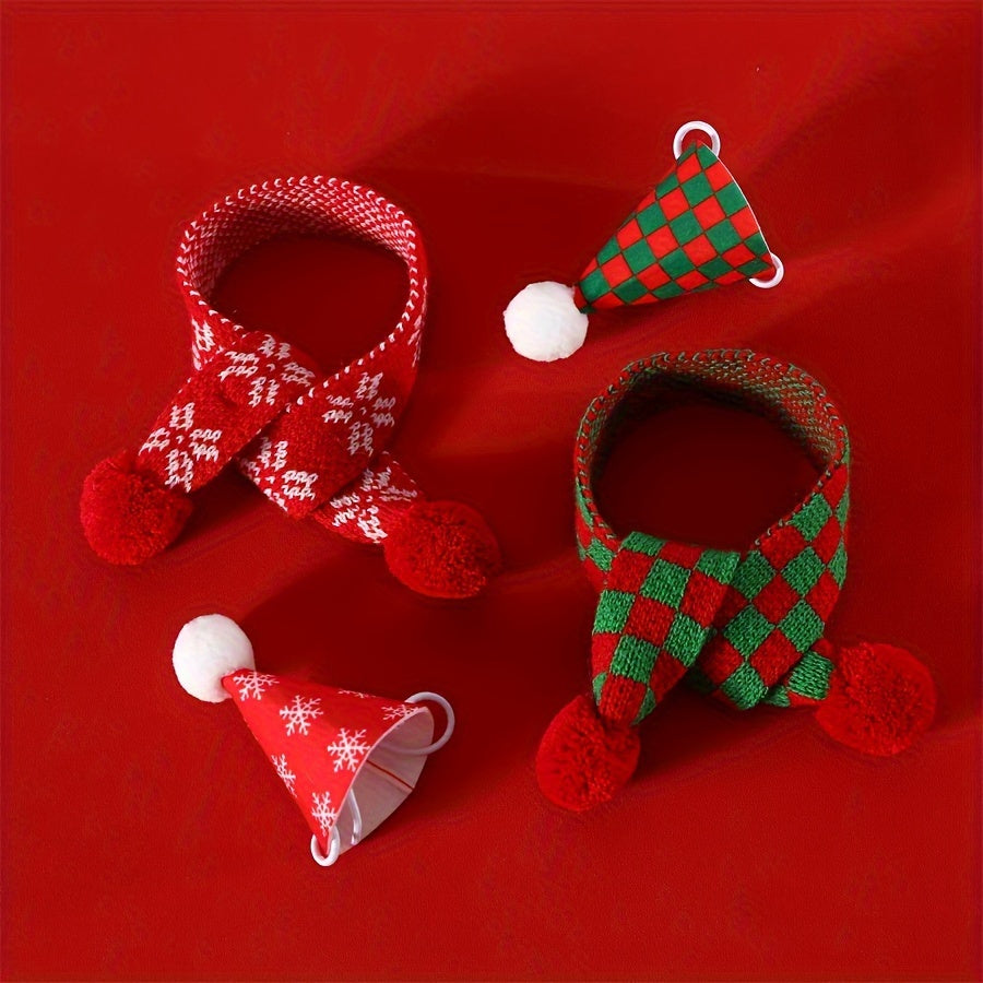 Pet Christmas Collar & Hat Set – Plaid Pattern with Pom-Pom