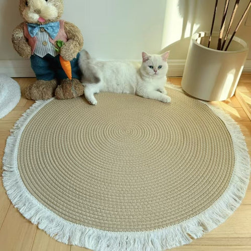Handmade Rattan Woven Rug – Vintage Jute Round Carpet with Tassel